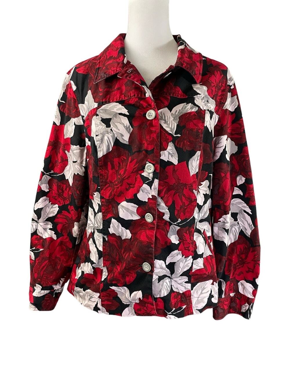 Additions by Chico's 2 (US 12/L) Jacket Button Up Red Black Floral Long Sleeve